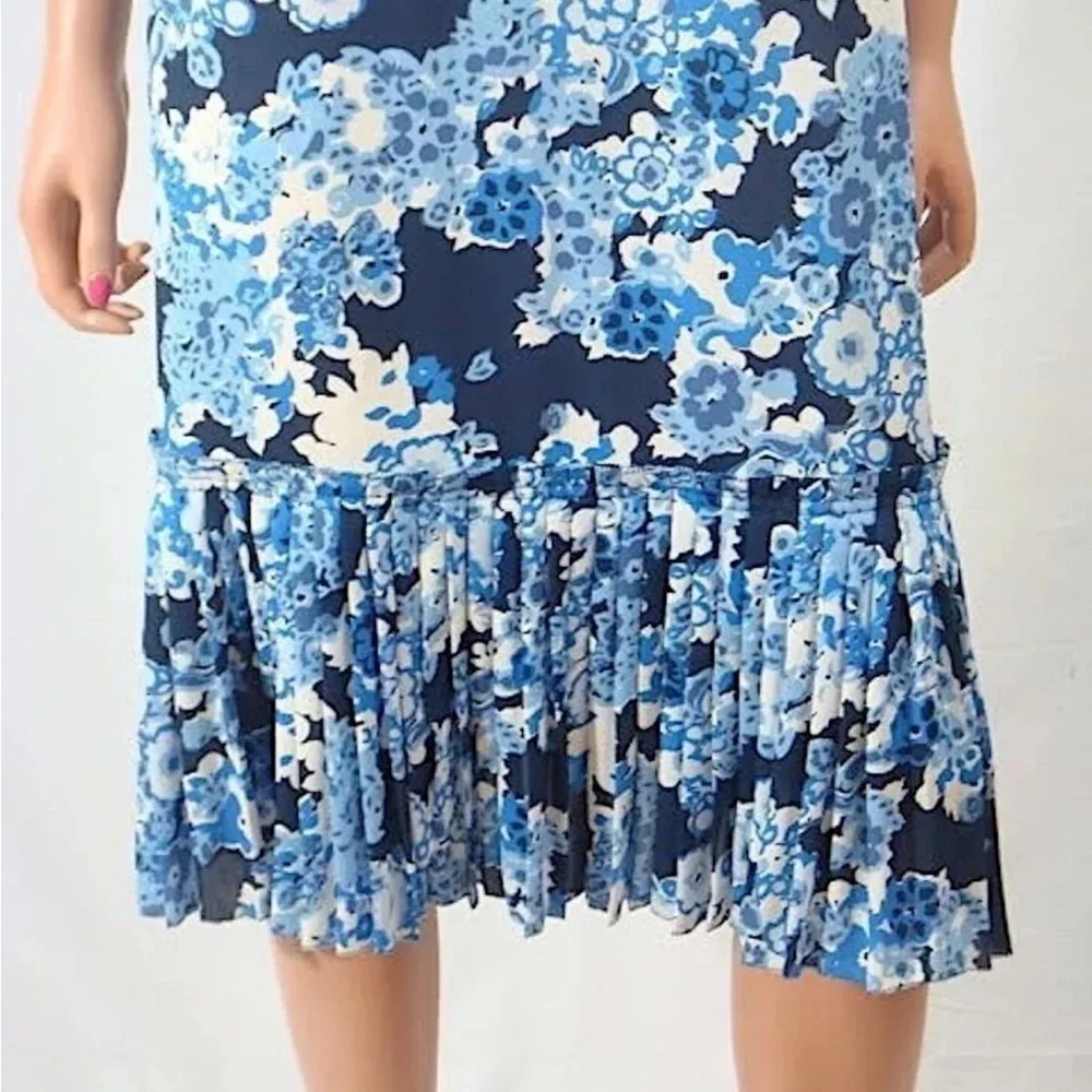 Tory Burch Silk Halter Neck Midi Dress Blue Floral Side Zip Pleated Sz 4 - Picture 16 of 16